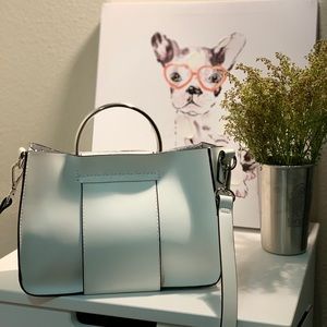 Tote bag with metallic handle and crossbody strip